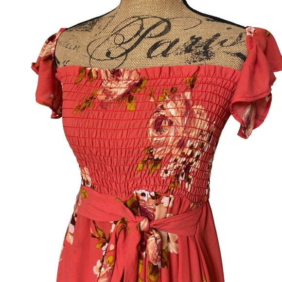 Privy Rose Floral Smocked High Low Wrap Style Flowy Front Tie Summer Sundress - Picture 6 of 11